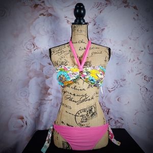 Pink Floral O-Ring Bandeau Bikini